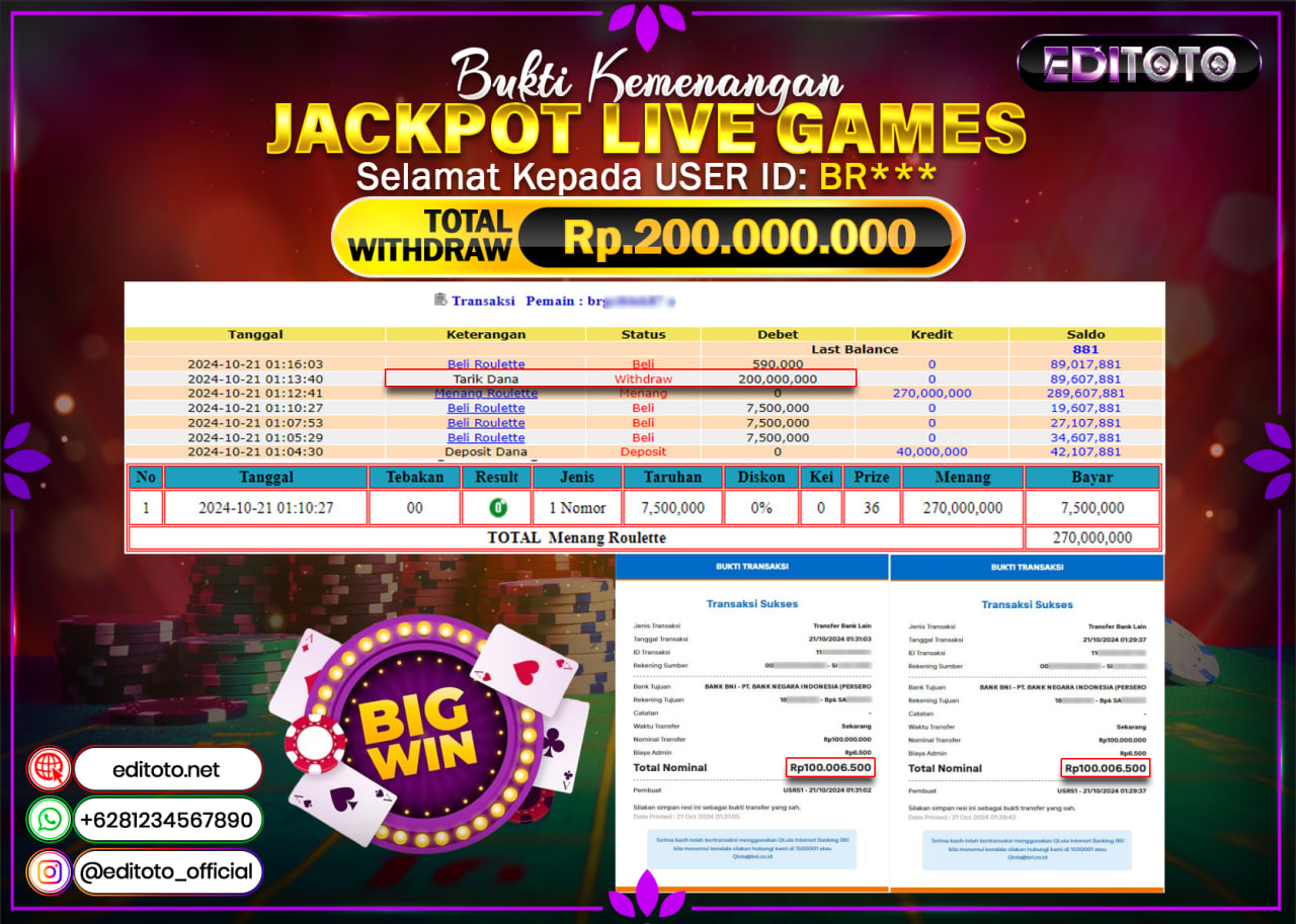 JACKPOT LIVE GAME ROULETTE Rp.200.000.000.,- LUNAS