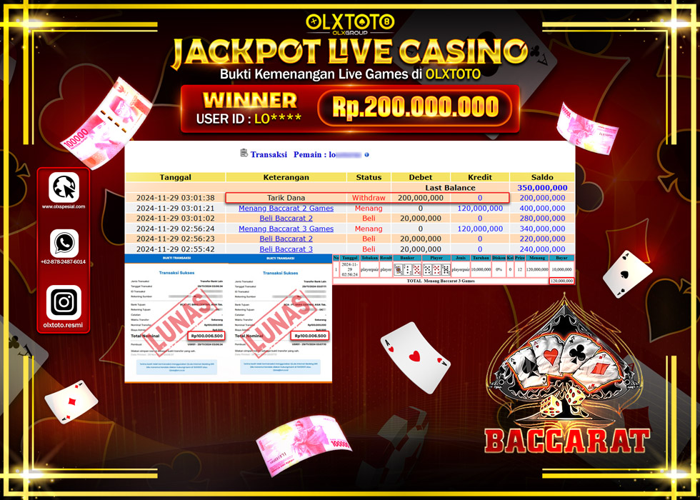 OLXTOTO JACKPOT  LIVE GAMES BACCARAT Rp.200.000.000.,- LUNAS