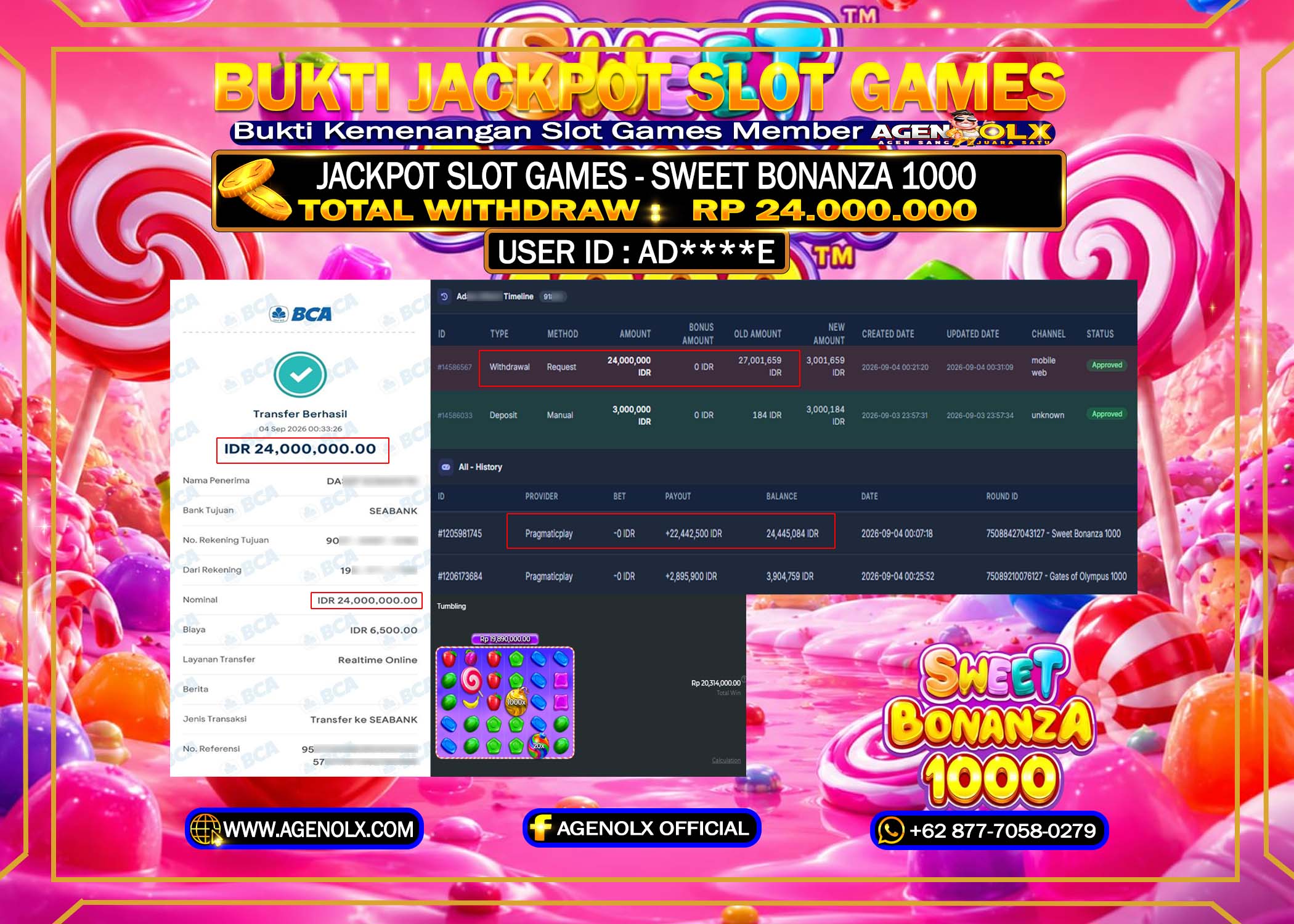 AGENOLX JACKPOT SLOT SWEET BONANZA 1000 - 24,000 ,000 -LUNAS