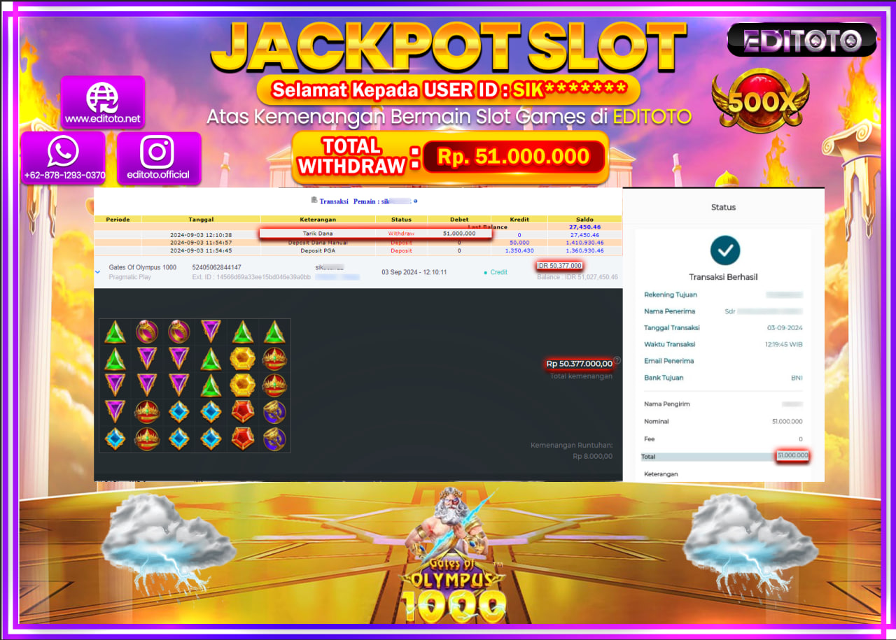 JACKPOT SLOT GATES OF OLYMPUS 1000   Rp.51.000.000.,- LUNAS