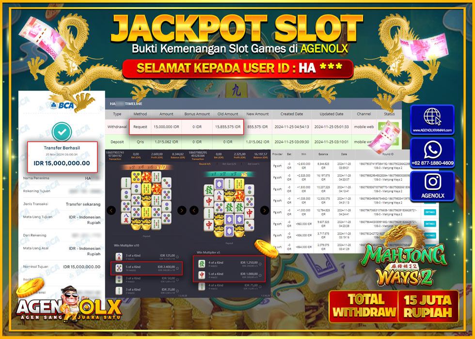 AGENOLX JACKPOT  SLOT MAHJONG WAYS 2  Rp 15.000.000,- LUNAS