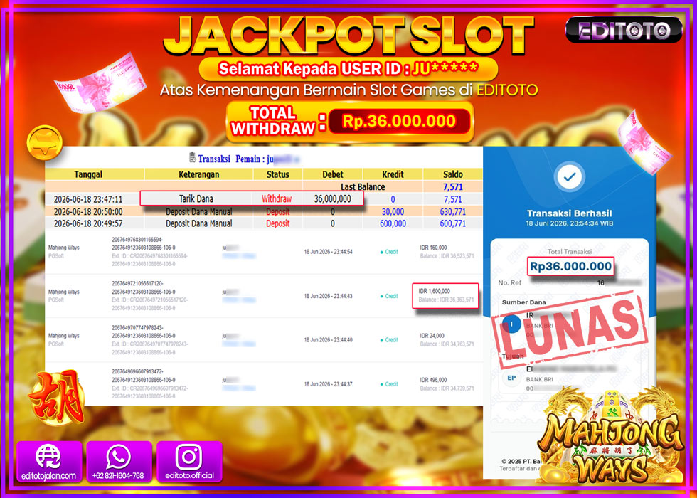 JACKPOT EDITOTO SLOT MAHJONG WAYS Rp.36.000.000,- LUNAS