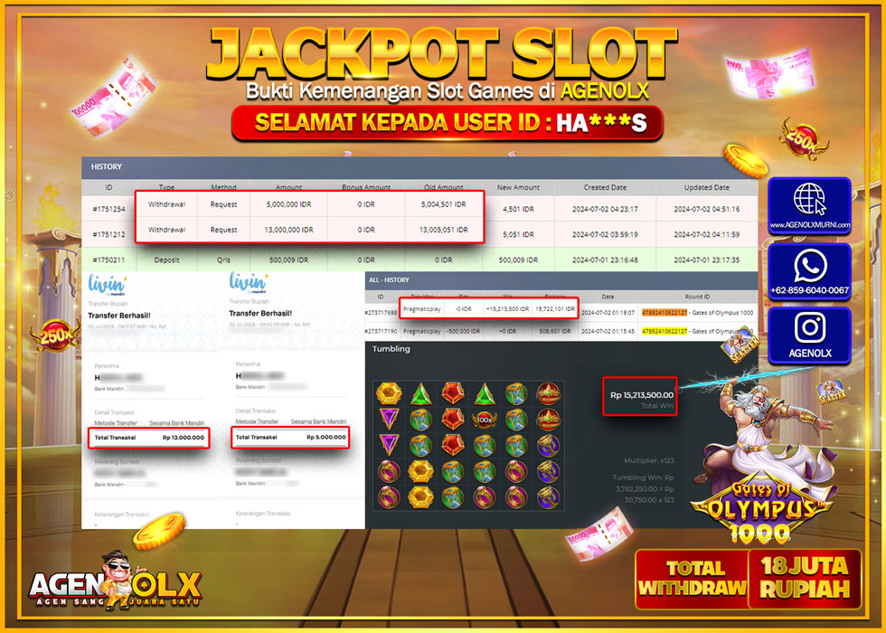 AGENOLX JACKPOT SLOT GATES OF OLYMPUS 1000 Rp.18.000.000,- LUNAS