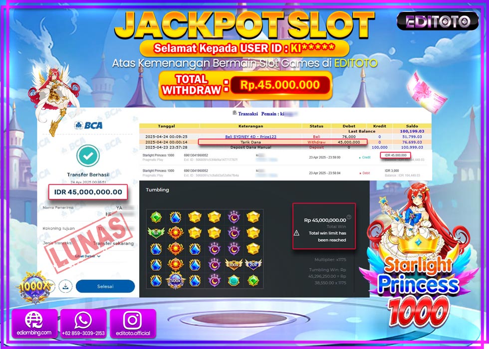 JACKPOT SLOT STARLIGHT PRINCESS 1000 Rp.45.000.000,- LUNAS