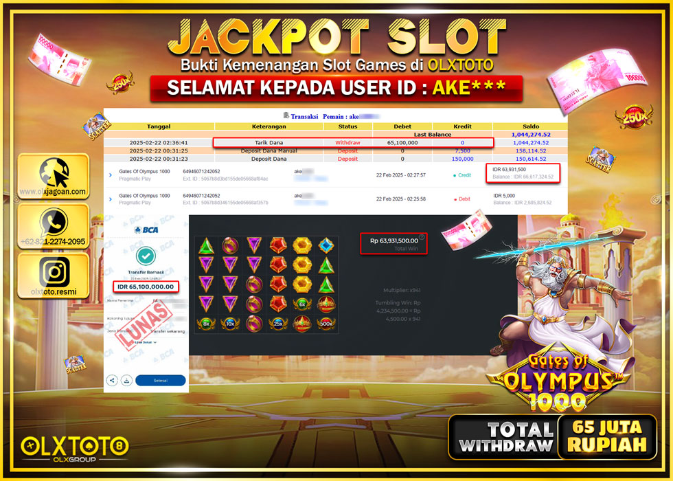 OLXTOTO JACKPOT SLOT GATES OF OLYMPUS 1000  Rp.65.100.000.,- LUNAS
