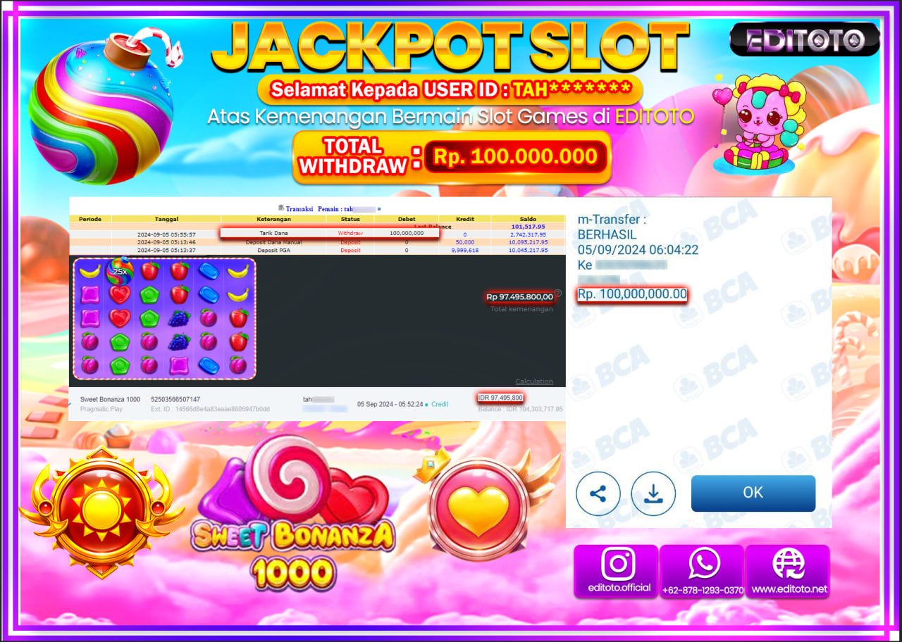 JACKPOT SLOT SWEET BONANZA 1000   Rp.100.000.000.,- LUNAS
