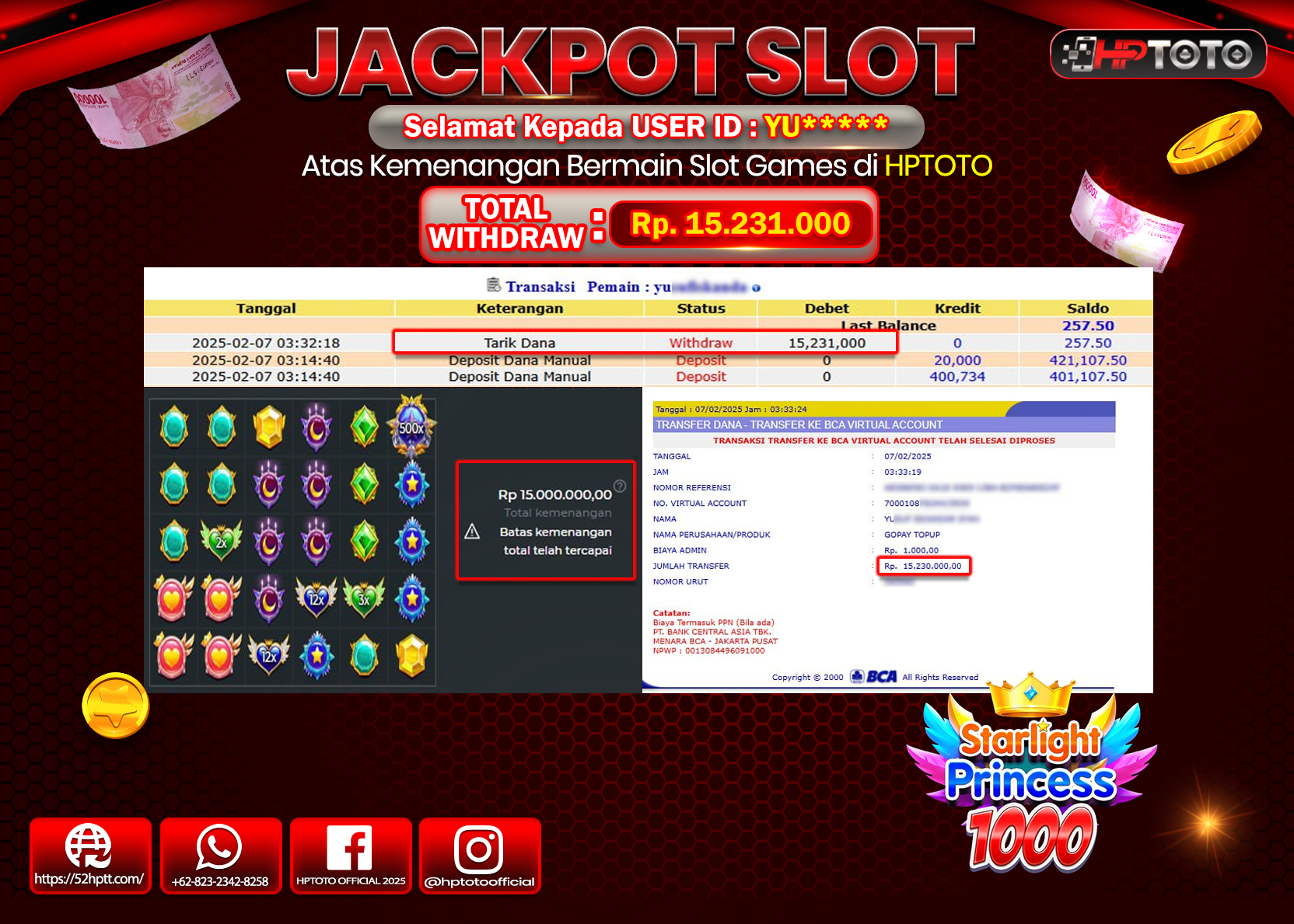 JACKPOT SLOT Starlight Princess 1000 Rp.15.231.000.,- LUNAS