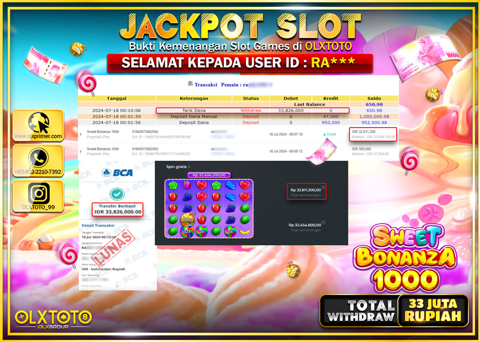 OLXTOTO JACKPOT  SLOT SWEET BONANZA 1000 Rp.33.826.000.,- LUNAS