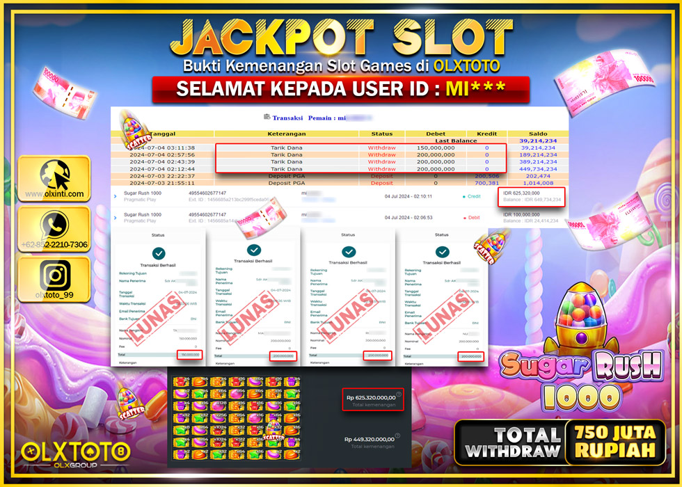 OLXTOTO JACKPOT  SLOT SUGAR RUSH 1000  Rp.750.000.000.,- LUNAS