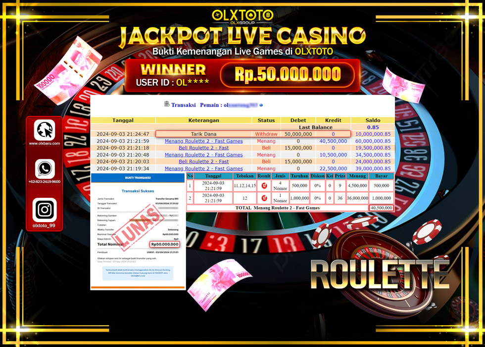 OLXTOTO JACKPOT  LIVE GAMES ROULETTE 2 Rp.50.000.000.,- LUNAS