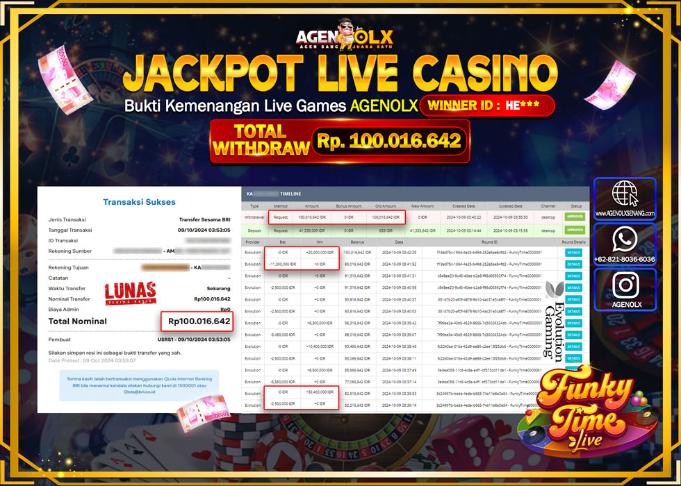 AGENOLX JACKPOT  LIVE GAMES FUNKY TIME Rp.100.000.000,- LUNAS
