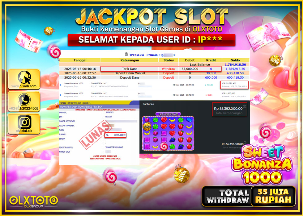 BINTANGSLOT77 JACKPOT SLOT SWEET BONANZA 1000  Rp.55.000.000.,- LUNAS