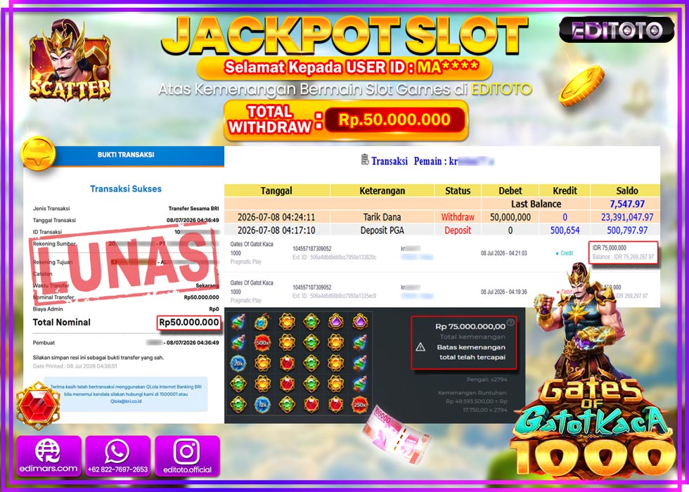 JACKPOT EDITOTO SLOT GATES OF GATOTKACA 1000 Rp.50.000.000,- LUNAS