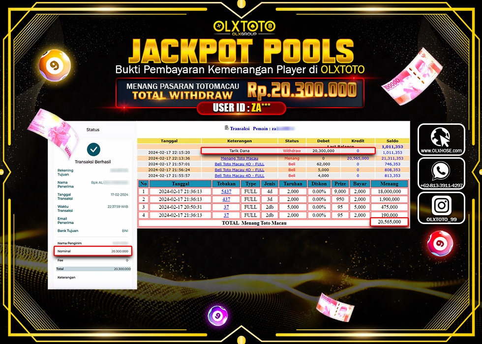 OLXTOTO JACKPOT TOGEL PASARAN TOTO MACAU Rp.20.300.000.,- LUNAS