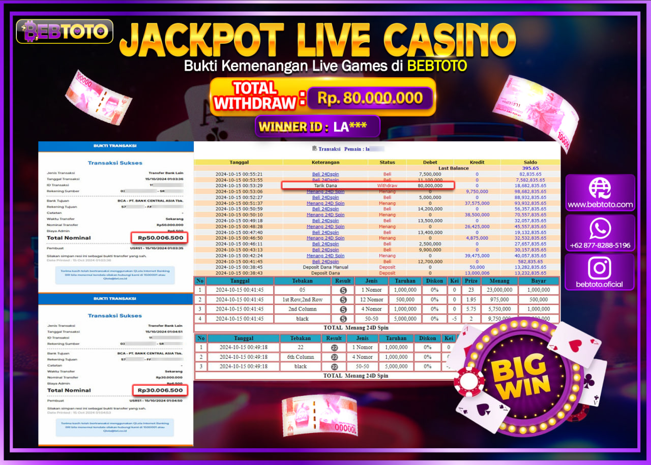 JACKPOT LIVE CASINO BEBTOTO 24D Rp.80.000.000.,- LUNAS