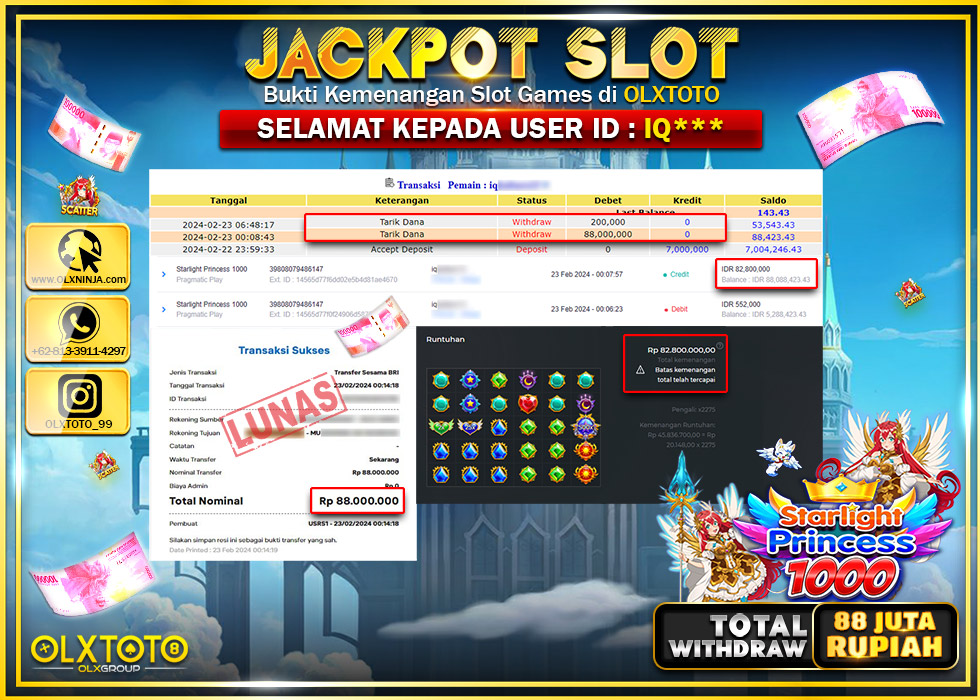 OLXTOTO JACKPOT SLOT STARLIGHT PRINCESS 1000 Rp.88.200.000.,- LUNAS