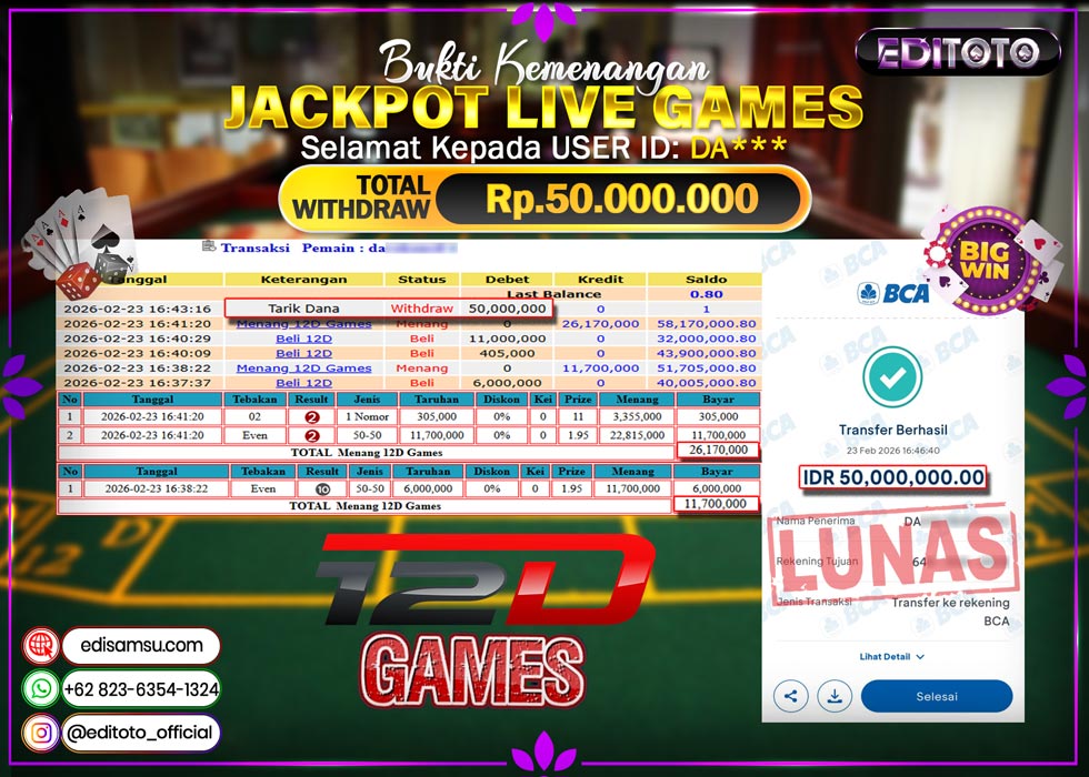 JACKPOT EDITOTO LIVE GAMES 12D GAMES Rp. 50.000.000.,- LUNAS