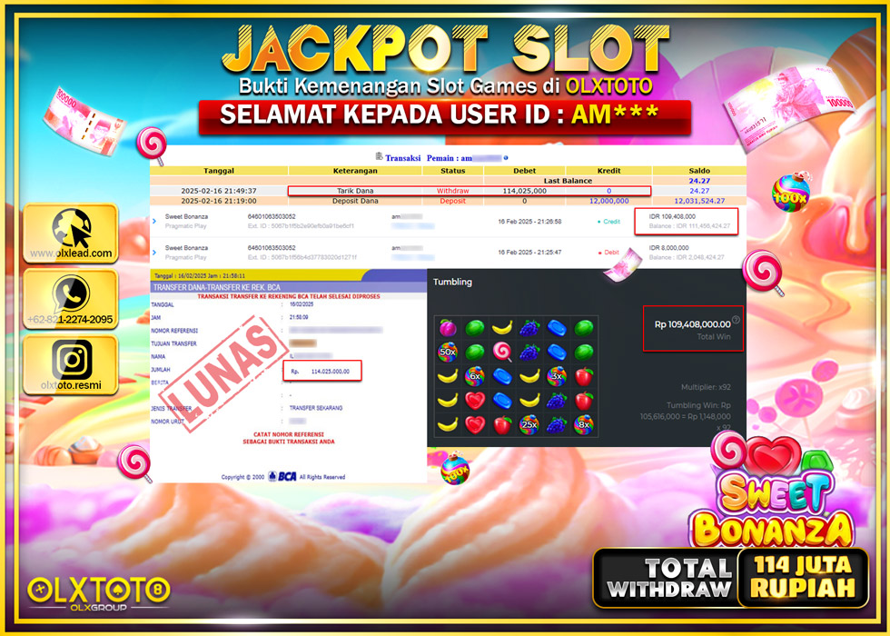 OLXTOTO JACKPOT  SLOT SWEET BONANZA Rp.114.025.000.,- LUNAS