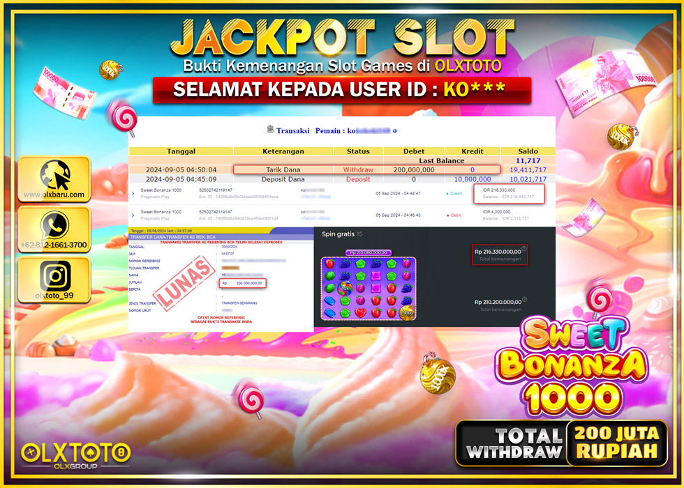 OLXTOTO JACKPOT  SLOT SWEET BONANZA 1000 Rp.200.000.000.,- LUNAS