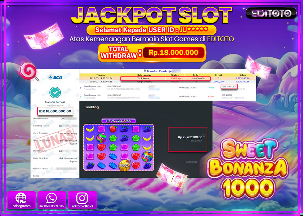JACKPOT SLOT SWEET BONANZA 1000  Rp.18.000.000.,- LUNAS