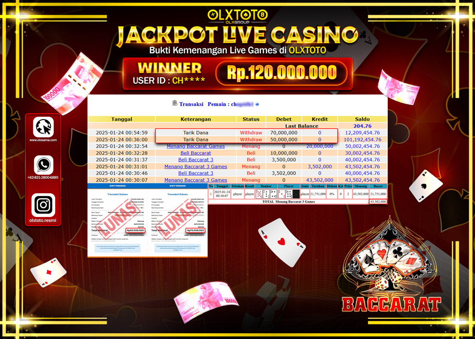 OLXTOTO JACKPOT  LIVE GAMES BACCARAT Rp.120.000.000.,- LUNAS