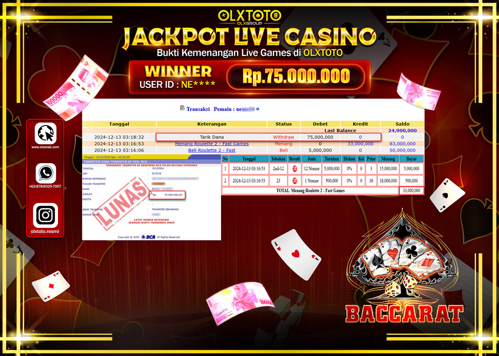 OLXTOTO JACKPOT  LIVE GAMES BACCARAT Rp.75.000.000.,- LUNAS