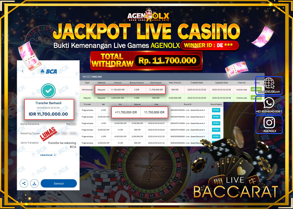 AGENOLX JACKPOT LIVE CASINO BACCARAT Rp 11.700.000,- LUNAS