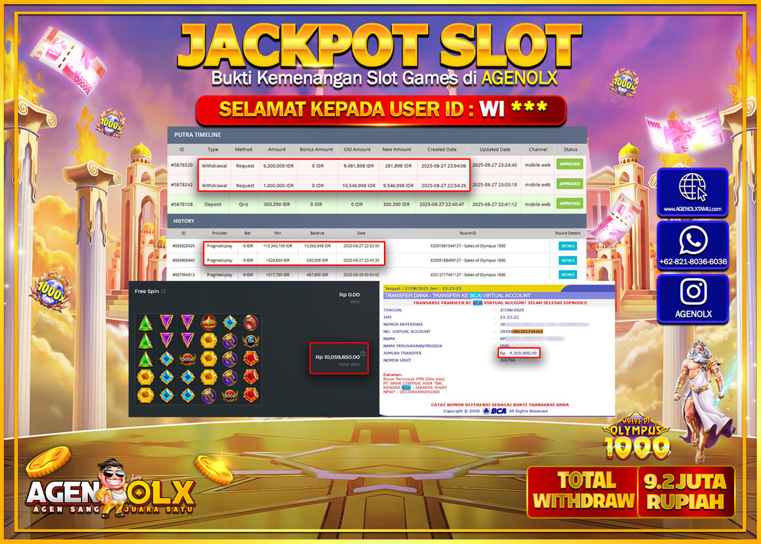 AGENOLX JACKPOT SLOT GATE OF OLYMPUS 1000 Rp 9,200,000,- LUNAS