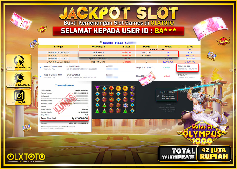 OLXTOTO JACKPOT SLOT GATE OF OLYMPUS 1000  Rp.42.400.000.,- LUNAS