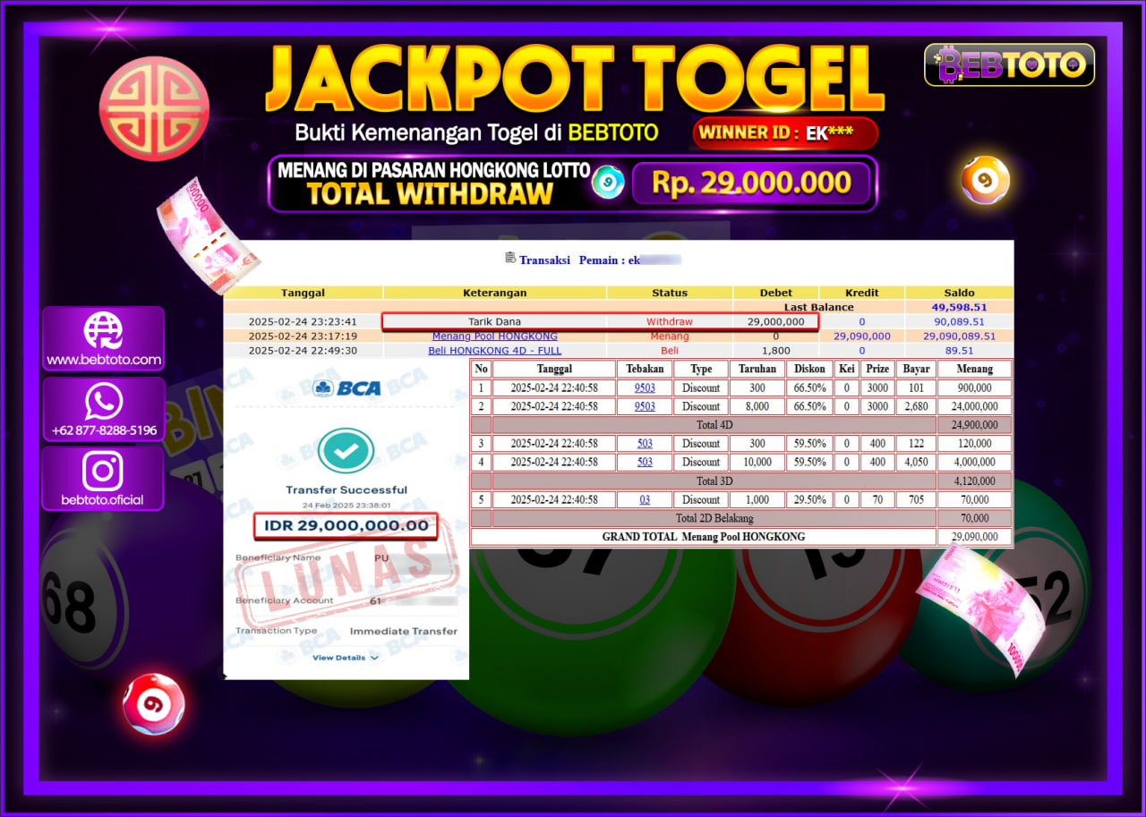JACKPOT TOGEL BEBTOTO HONGKONG LOTTO  Rp.29.000.000.,- LUNAS