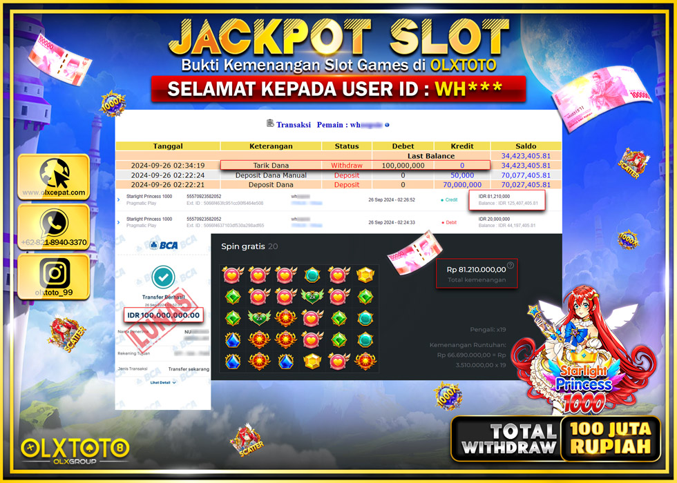 OLXTOTO JACKPOT  SLOT STARLIGHT PRINCESS 1000 Rp.100.000.000.,- LUNAS