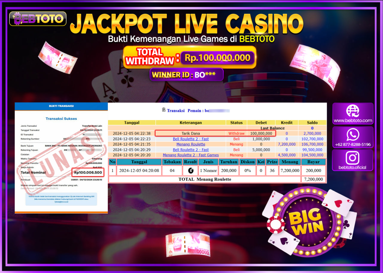JACKPOT LIVE CASINO BEBTOTO ROULETTE FAST GAMES Rp.100.000.000.,- LUNAS