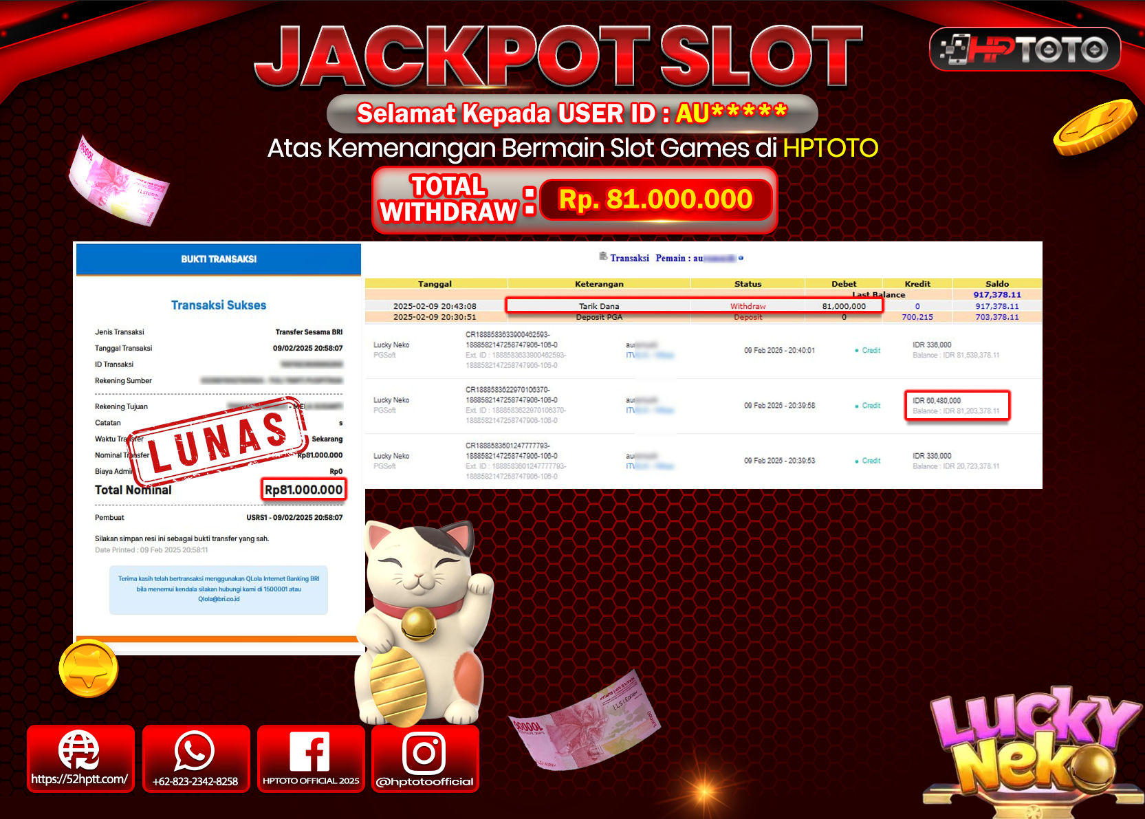 HPTOTO JACKPOT LUCKY NEKO Rp.81.000.000,- LUNAS