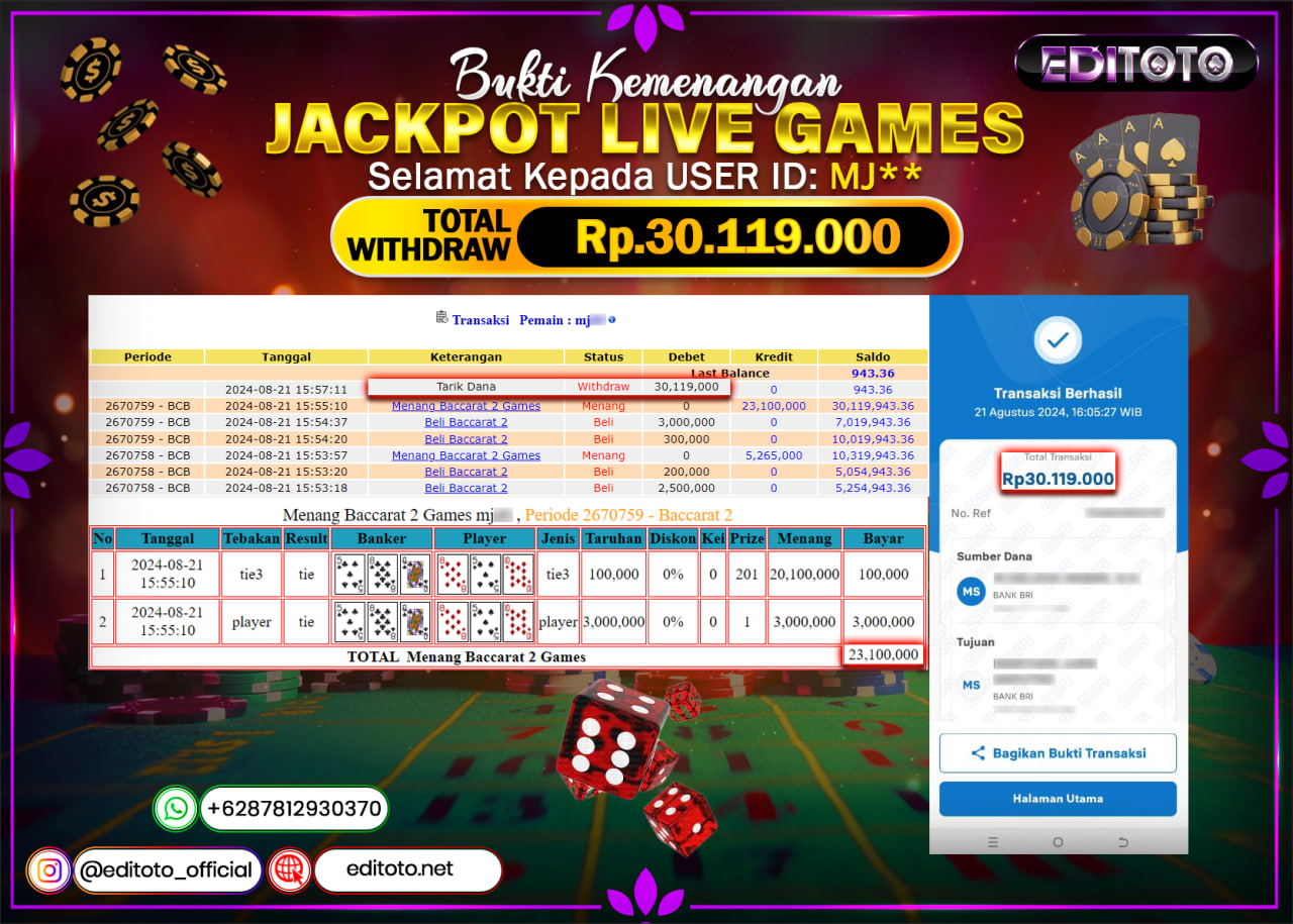 JACKPOT LIVE GAME BACCARAT 2 Rp.30.119.000.,- LUNAS