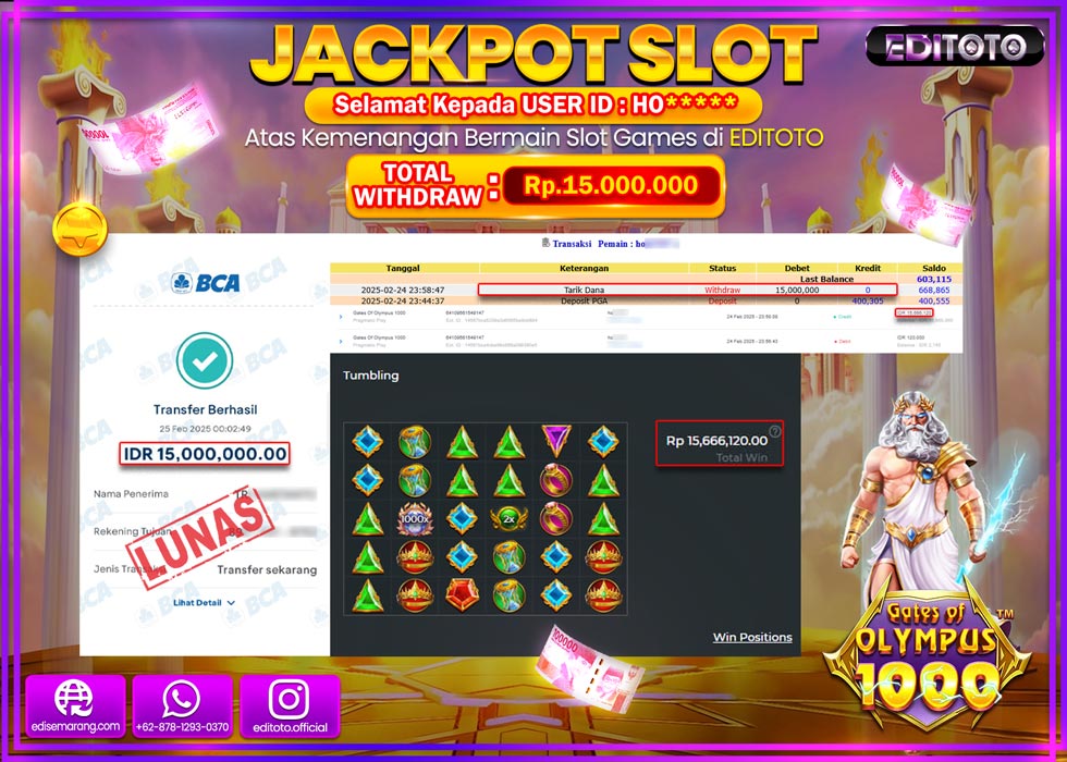 JACKPOT SLOT GATES OF OLYMPUS 1000  Rp.15.000.000.,- LUNAS