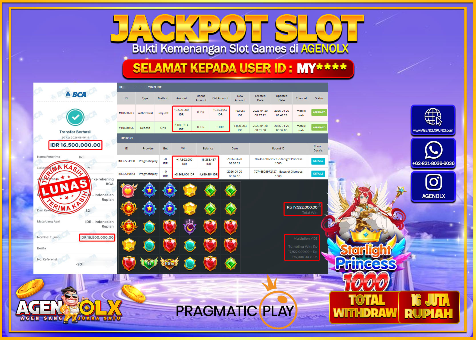 AGENOLX JACKPOT SLOT STARLIGHT PRINCESS 1000 Rp 16.500.000 - LUNAS