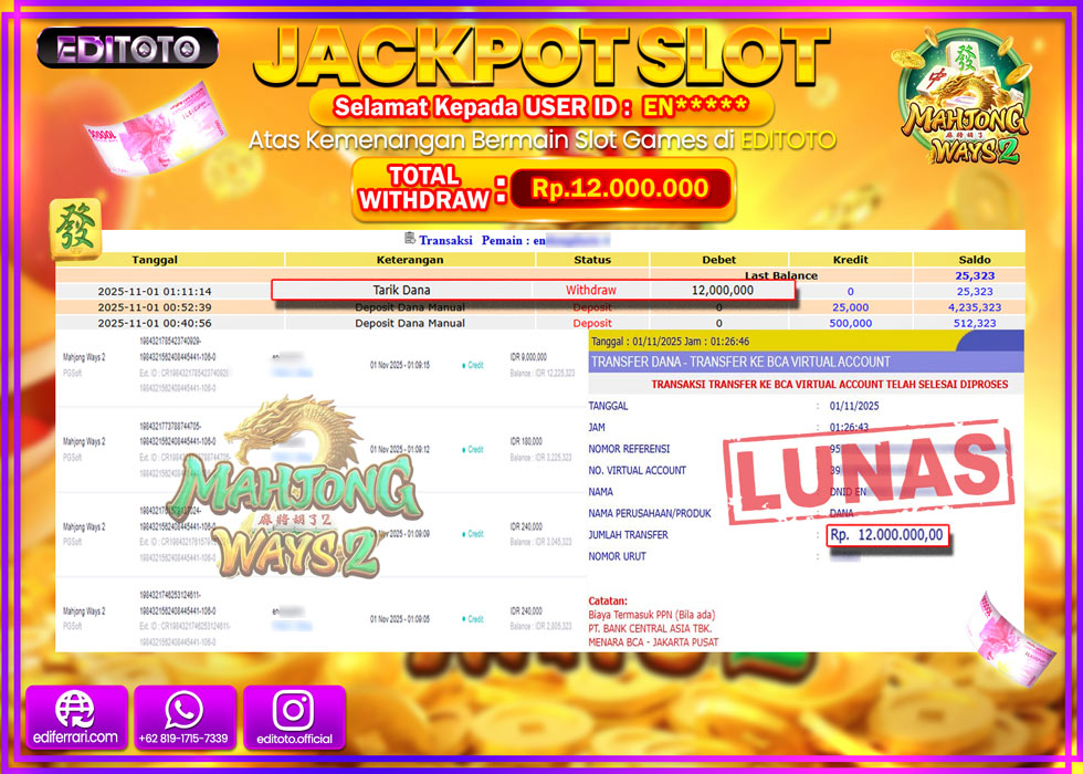 JACKPOT EDITOTO SLOT MAHJONG WAYS 2 Rp.12.000.000,- LUNAS