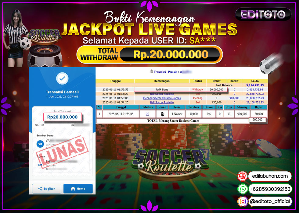 JACKPOT EDITOTO LIVE GAMES SOCCER ROULETTE Rp. 20.000.000.,- LUNAS