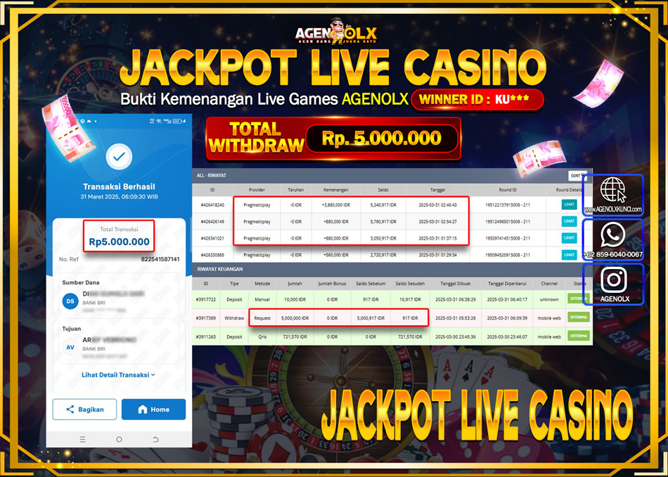 AGENOLX JACKPOT LIVE CASSINO Rp 5.000.000,- LUNAS