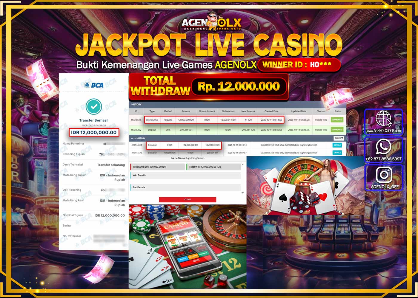 AGENOLX JACKPOT  LIVE CASINO Rp 12,000,000,- LUNAS