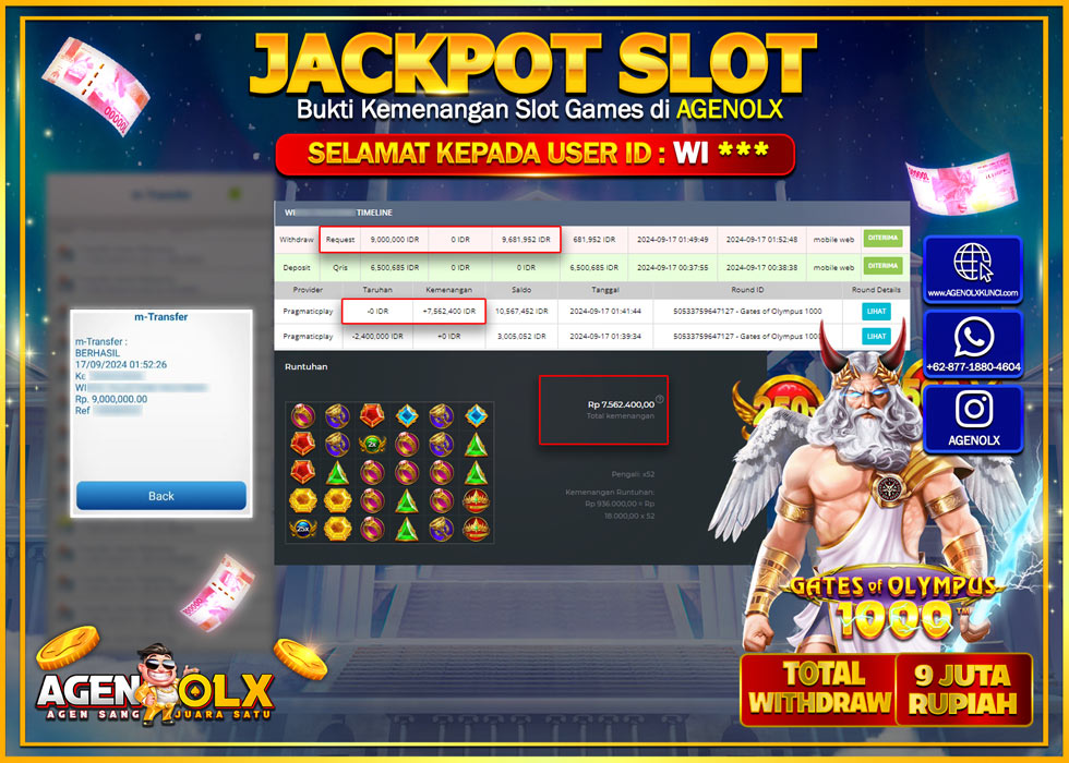 AGENOLX JACKPOT SLOT GATES OF OLYMPUS 1000 Rp.9.000.000,- LUNAS
