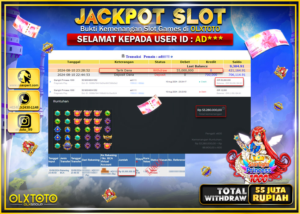 OLXTOTO JACKPOT  SLOT STARLIGHT PRINCESS 1000 Rp.55.000.000.,- LUNAS