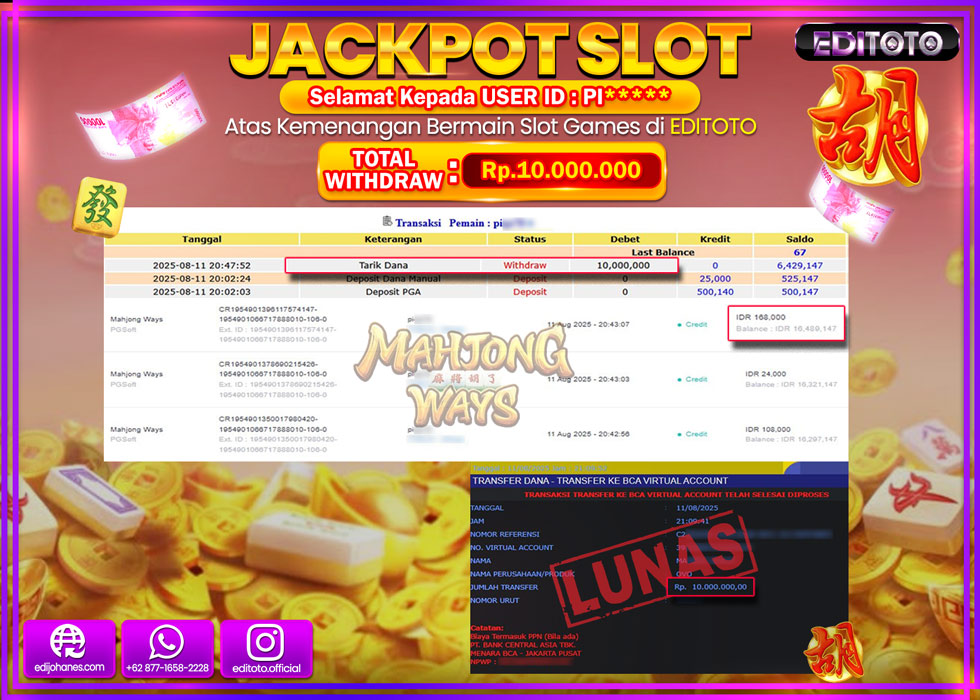 JACKPOT EDITOTO SLOT MAHJONG WAYS Rp.10.000.000,- LUNAS 