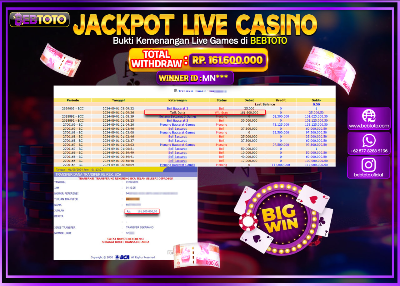 JACKPOT LIVE CASINO BEBTOTO BACCARAT Rp.161.600.000.,- LUNAS