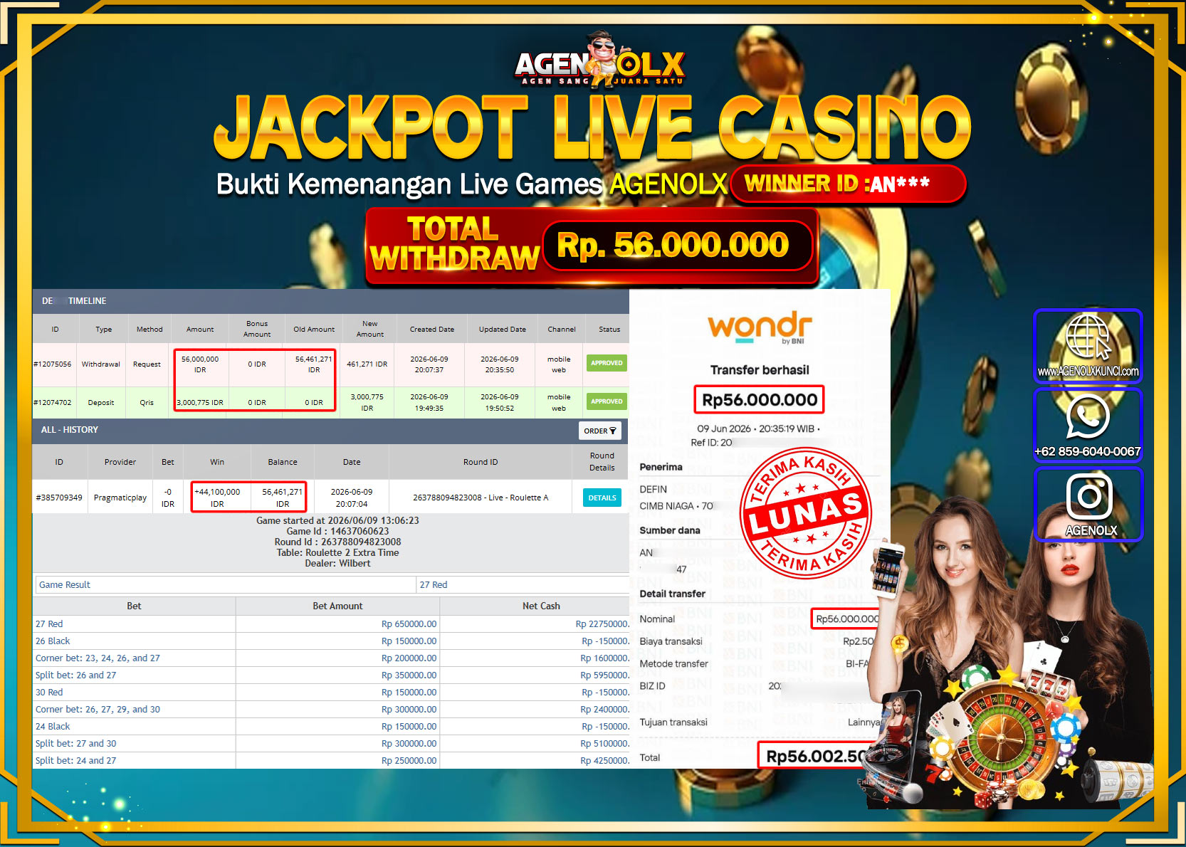 AGENOLX JACKPOT LIVE CASINO LIVE - ROULETTE A Rp 56.000.0000- LUNAS