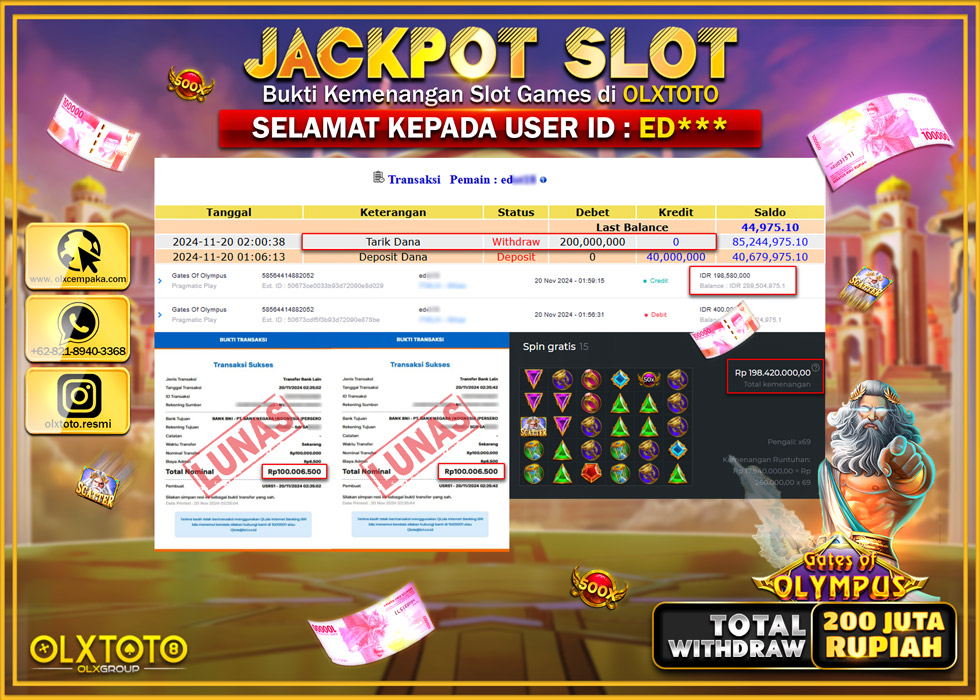 OLXTOTO JACKPOT  SLOT GATES OF OLYMPUS Rp.200.000.000.,- LUNAS
