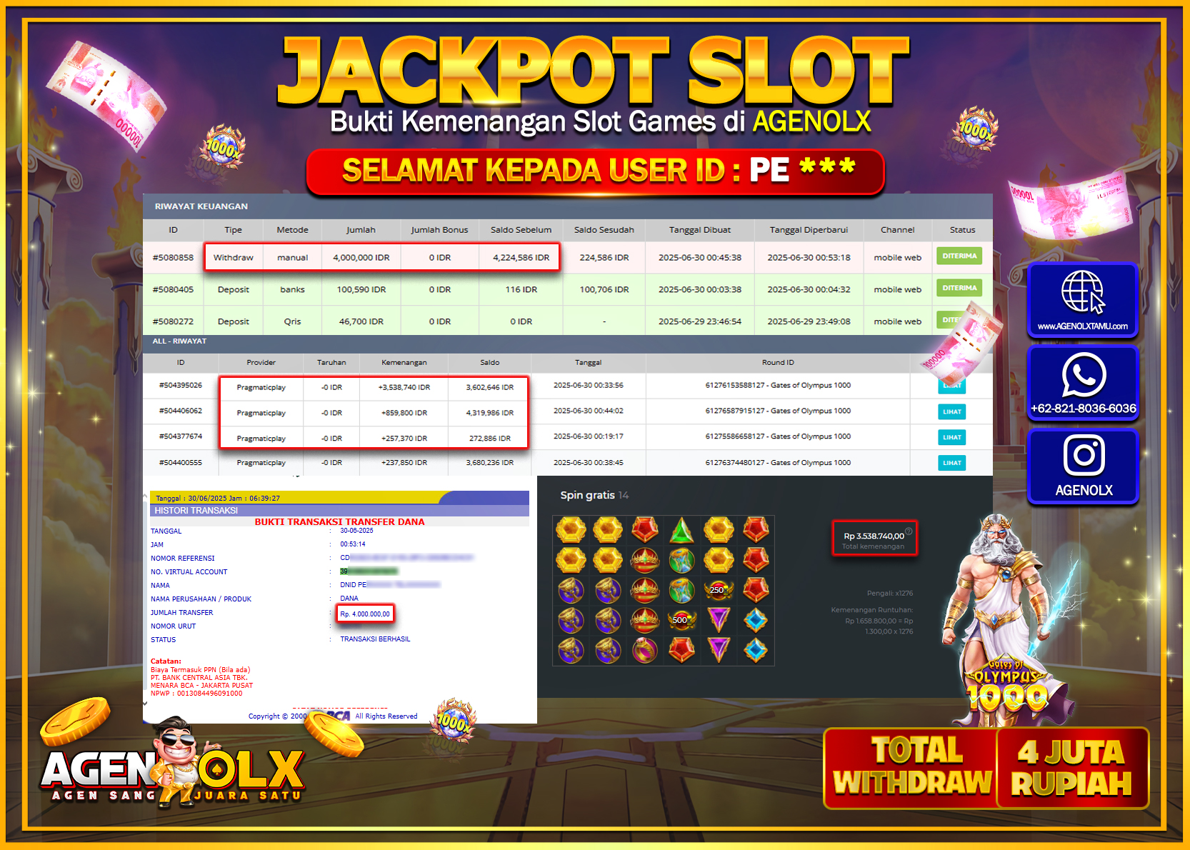 AGENOLX JACKPOT SLOT GATES OF OLYMPUS 1000  Rp 4.000.000,- LUNAS