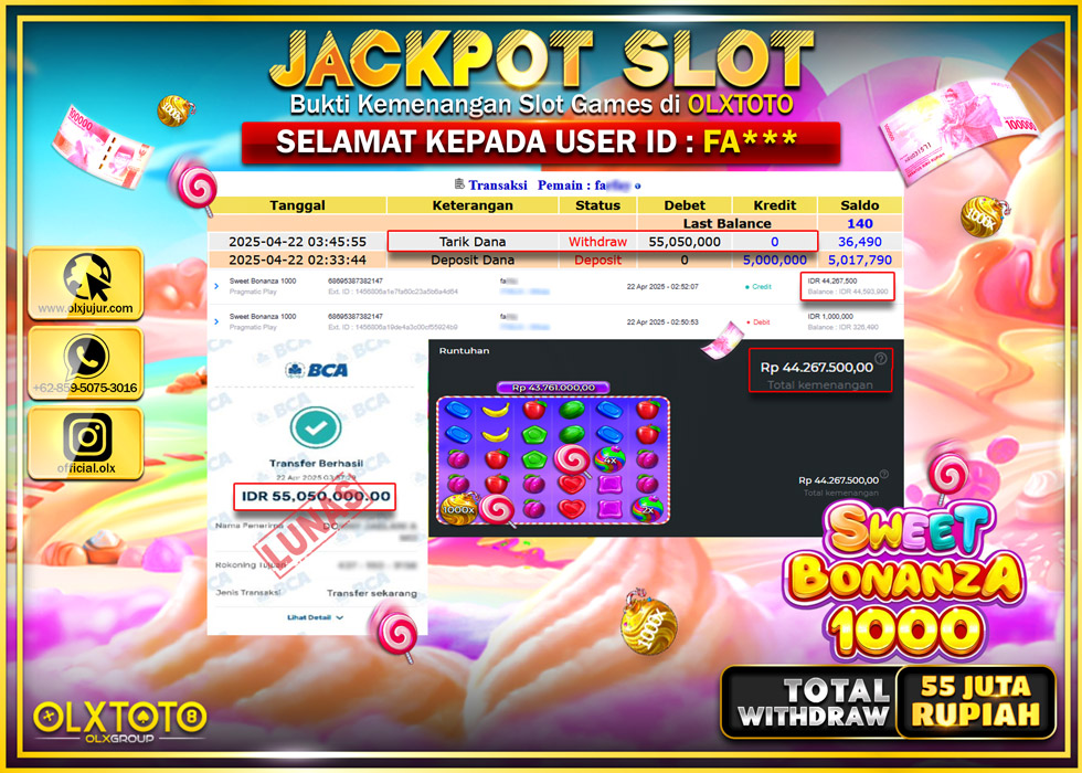 BINTANGSLOT77 JACKPOT SLOT SWEET BONANZA 1000  Rp.55.050.000.,- LUNAS