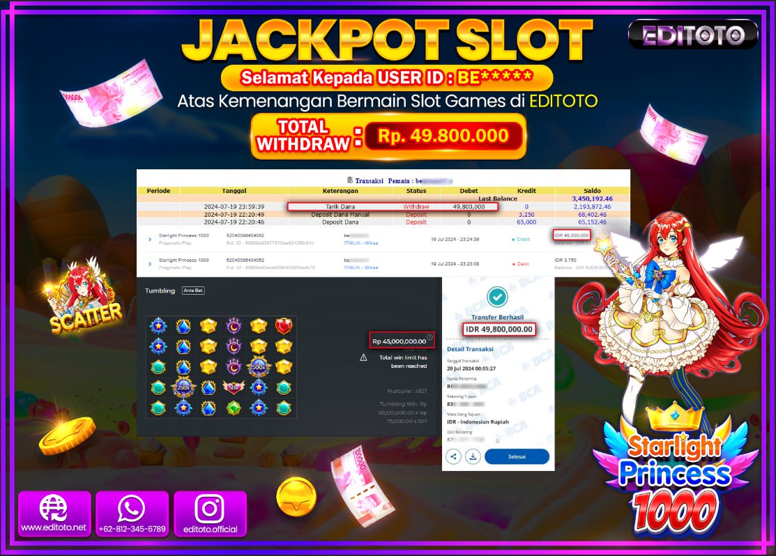 JACKPOT SLOT EDITOTO Starlight Princess 1000 Rp.49.800.000.,- LUNAS