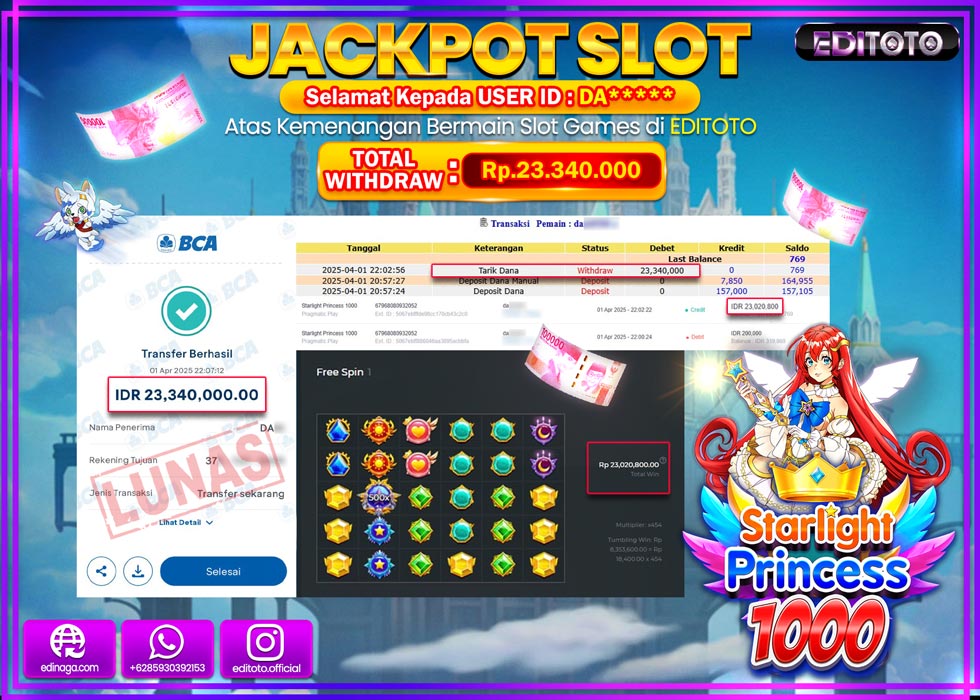JACKPOT SLOT STARLIGHT PRINCESS 1000 Rp.23.340.000.,- LUNAS